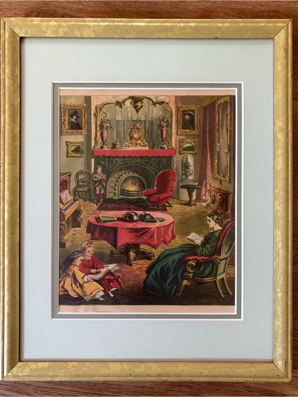 Framed Vintage Living Room Art Print in Gold Frame